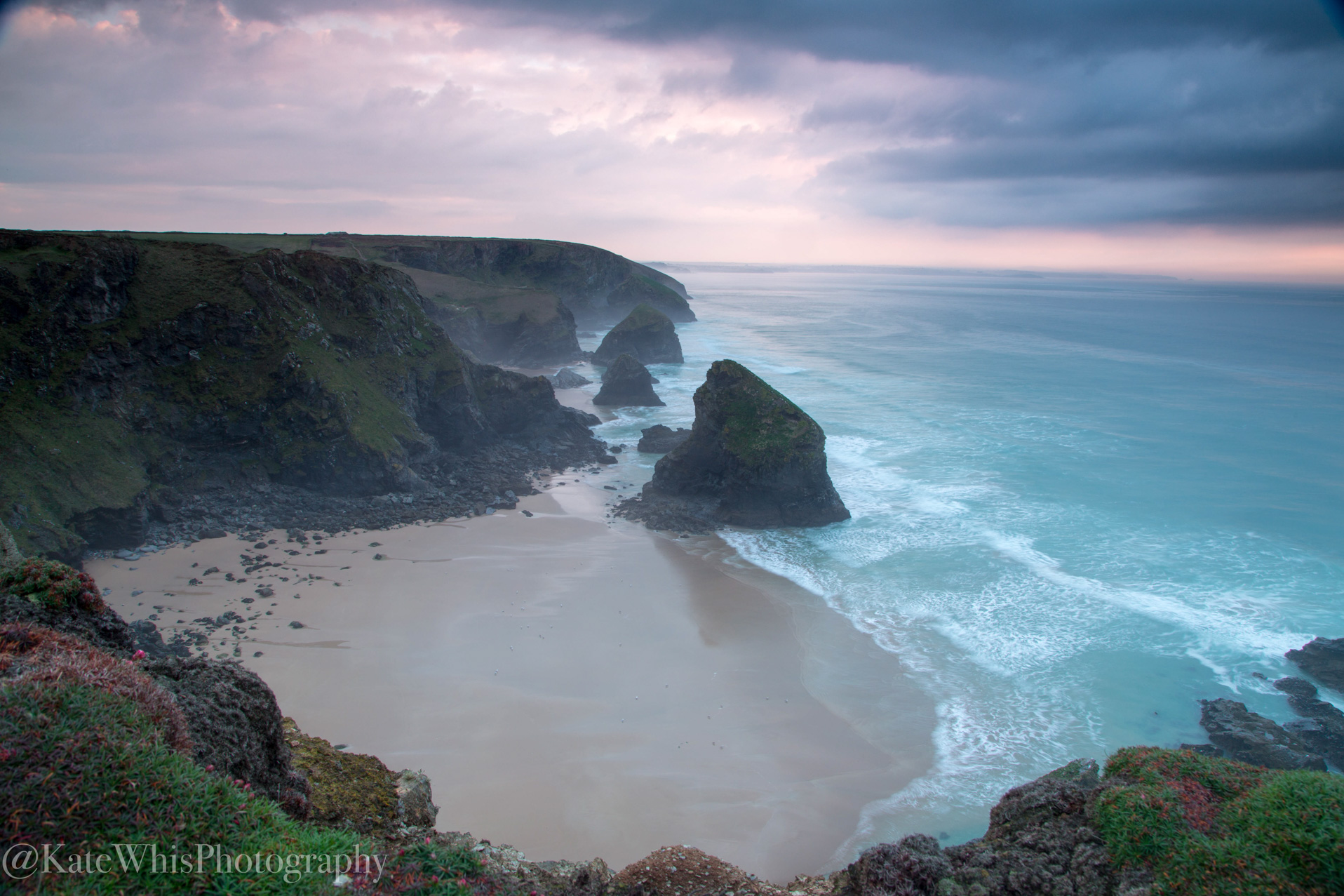 View of Bedruthan Steps, Cornwall at sunset