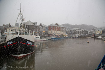 Padstow harbour in the snow